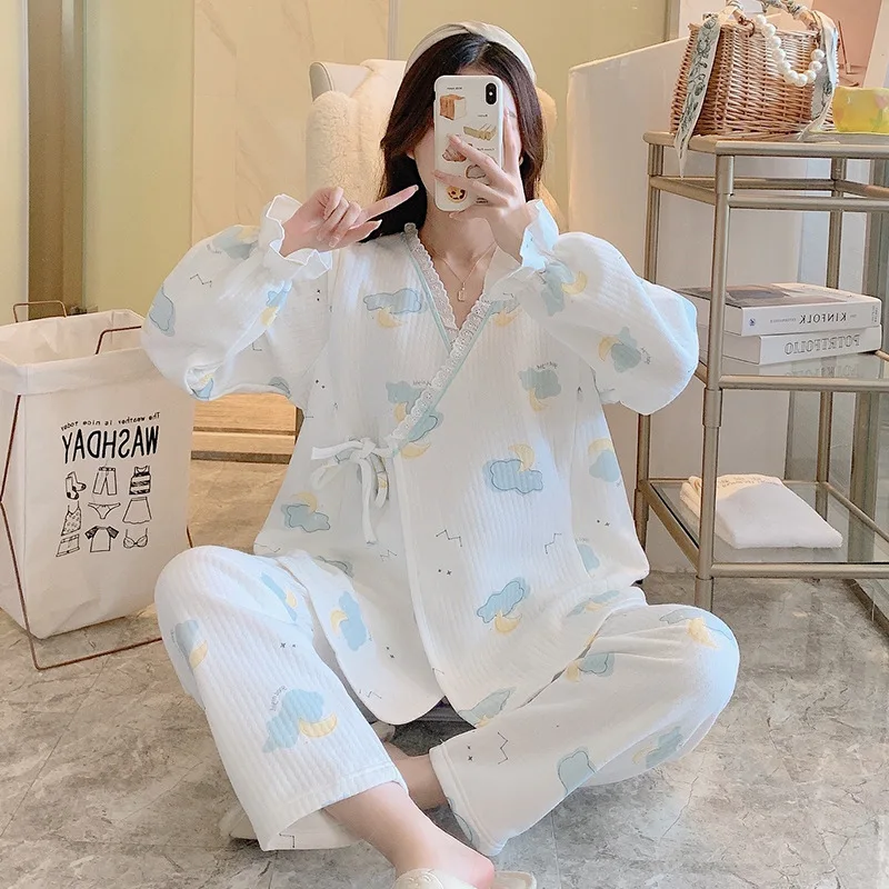 Pijama de lactancia en algodón manga larga con rebeca encaje
