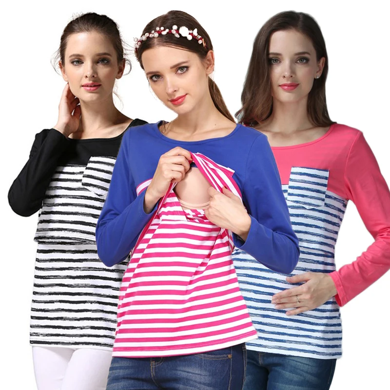 Camiseta de lactancia de manga larga a rayas para embarazadas - imagen 2