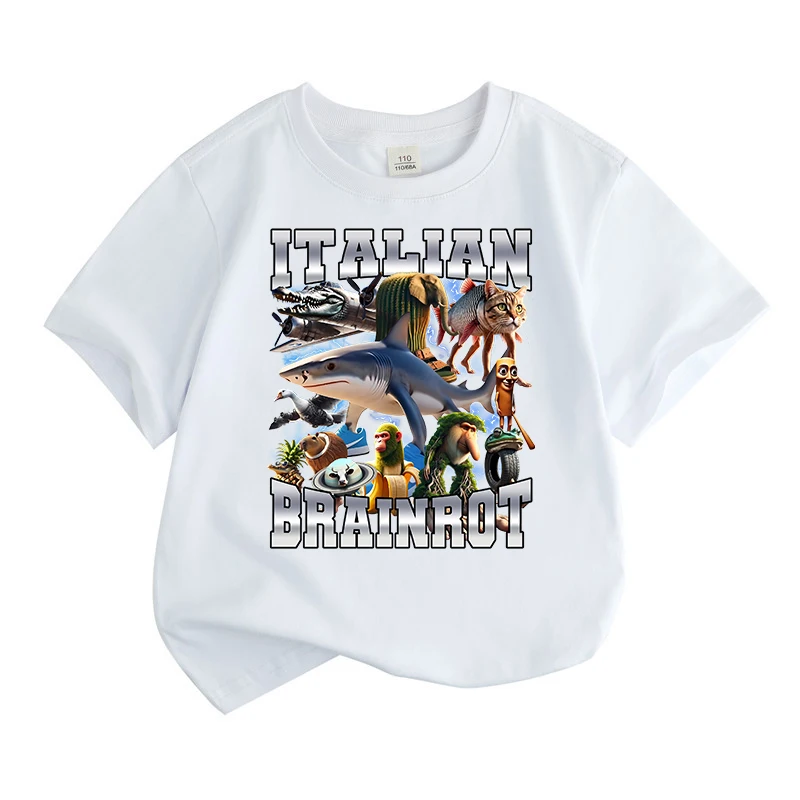 Camiseta manga corta con tiburón para niños y niñas, cuello redondo