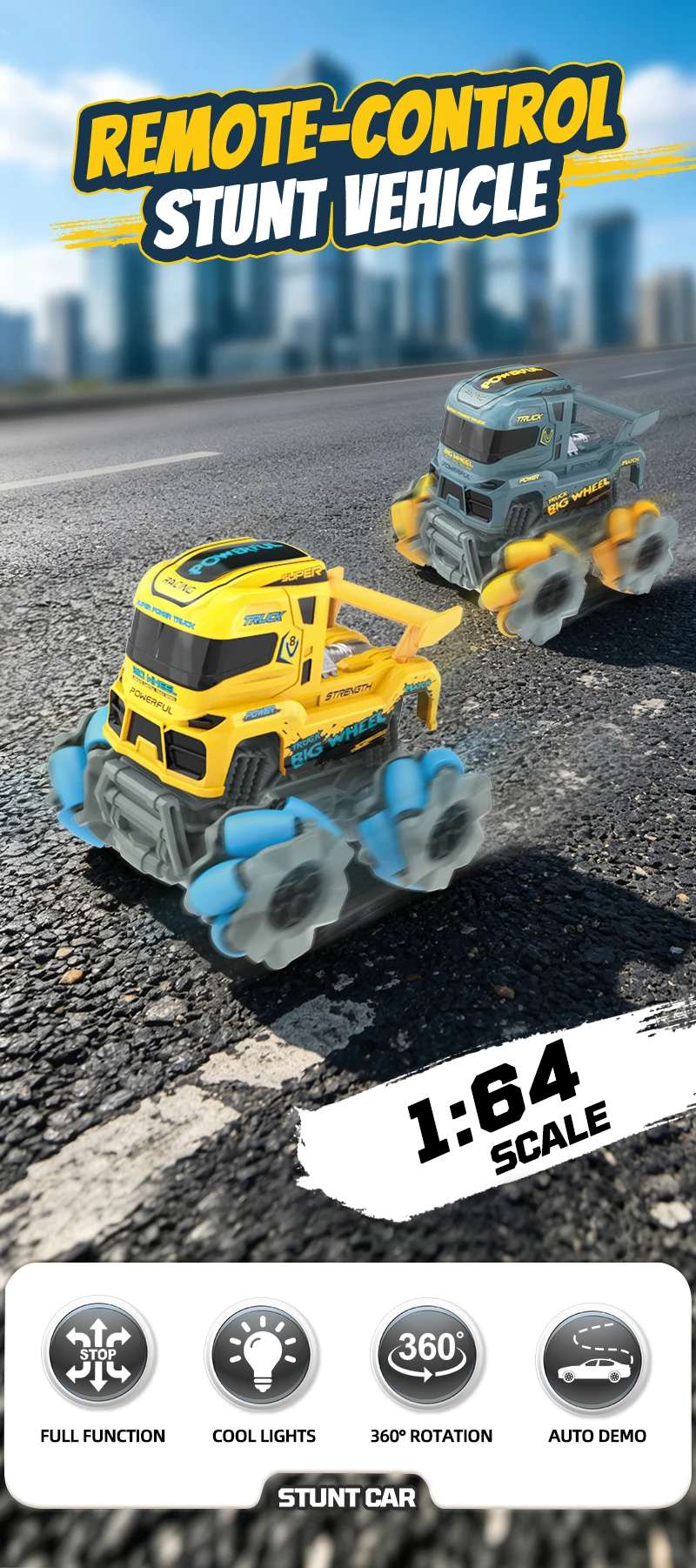 Coche RC 1/64 con ruedas grandes y diseño de plataforma
