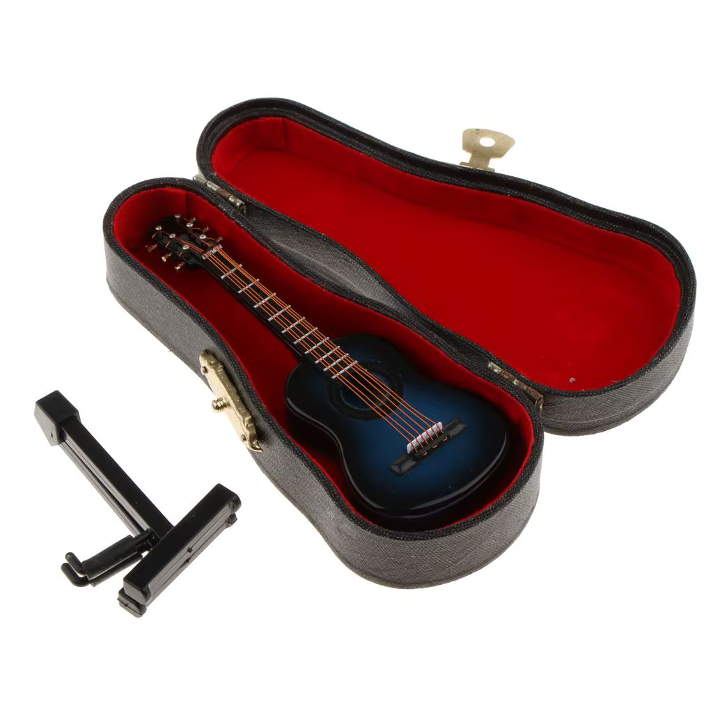 Guitarra miniatura de madera azul oscuro para casa de muñecas - imagen 5