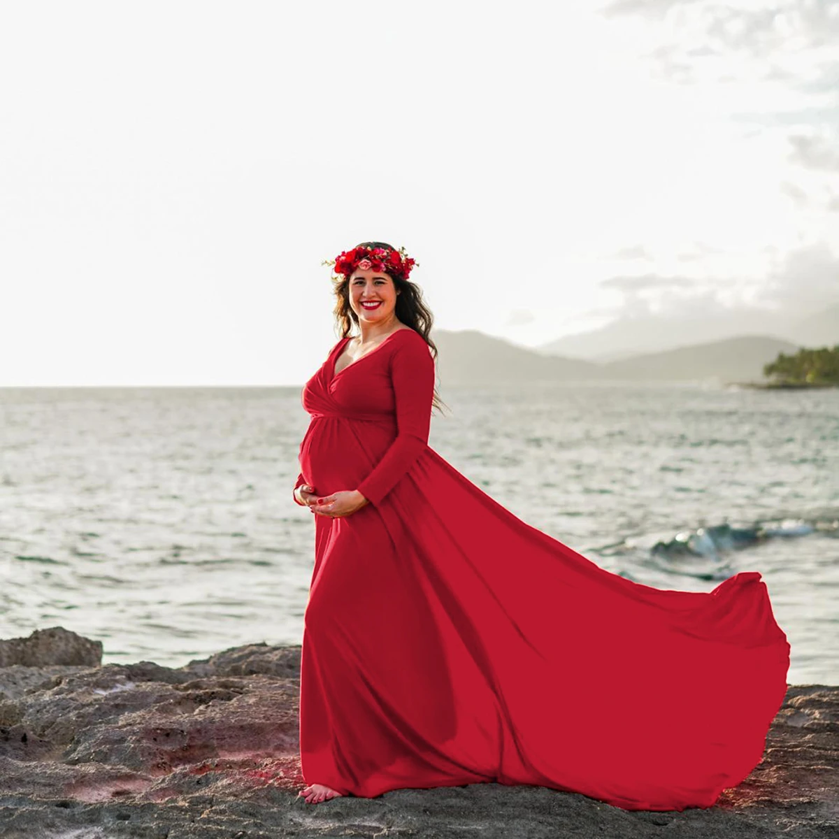 Vestido de maternidad largo con cuello en V y manga larga elegante - imagen 3