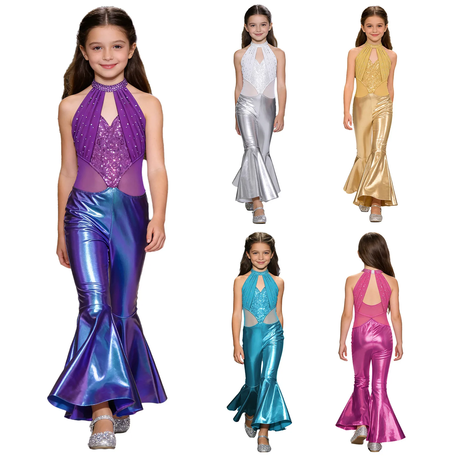 Mono de baile lentejuelas metálicas con cuello halter sin mangas