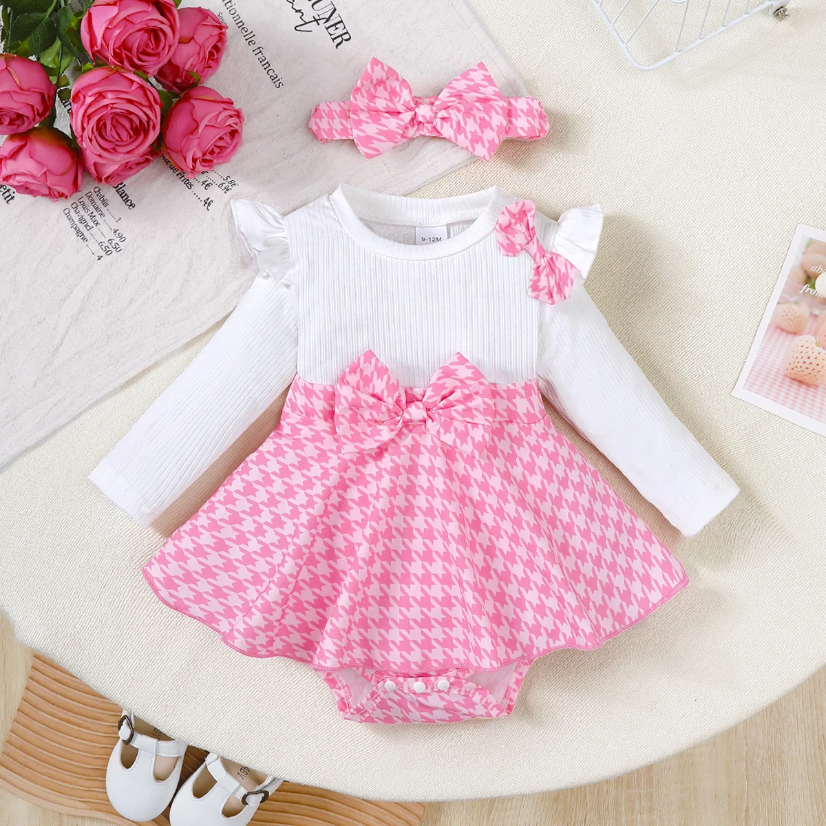 Conjunto bebé niña otoño primavera vestido a cuadros y diadema - imagen 5