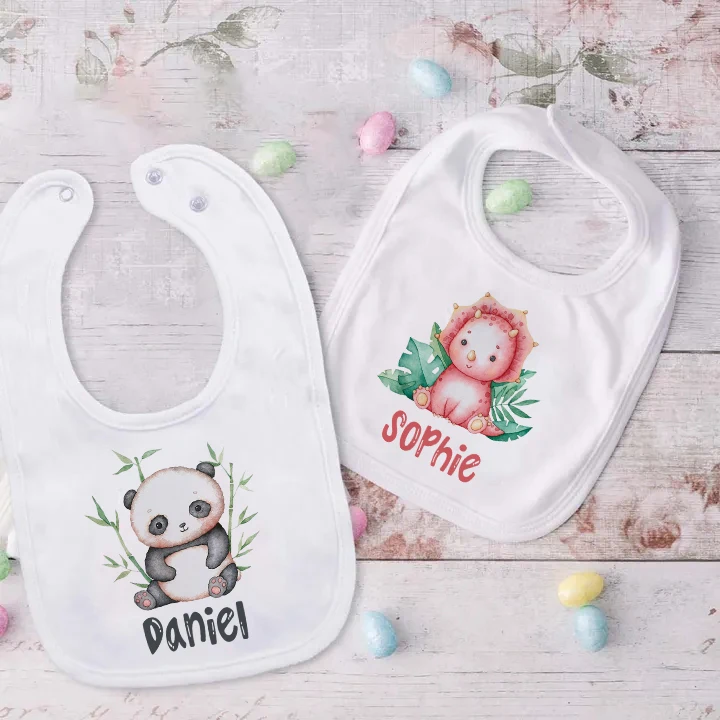Babero personalizado algodón con nombre y estampado dinosaurio