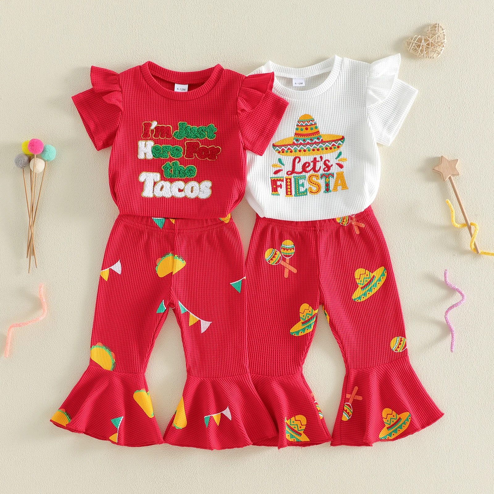 Conjunto verano niña camiseta bordada y pantalón elástico acampanado - imagen 4