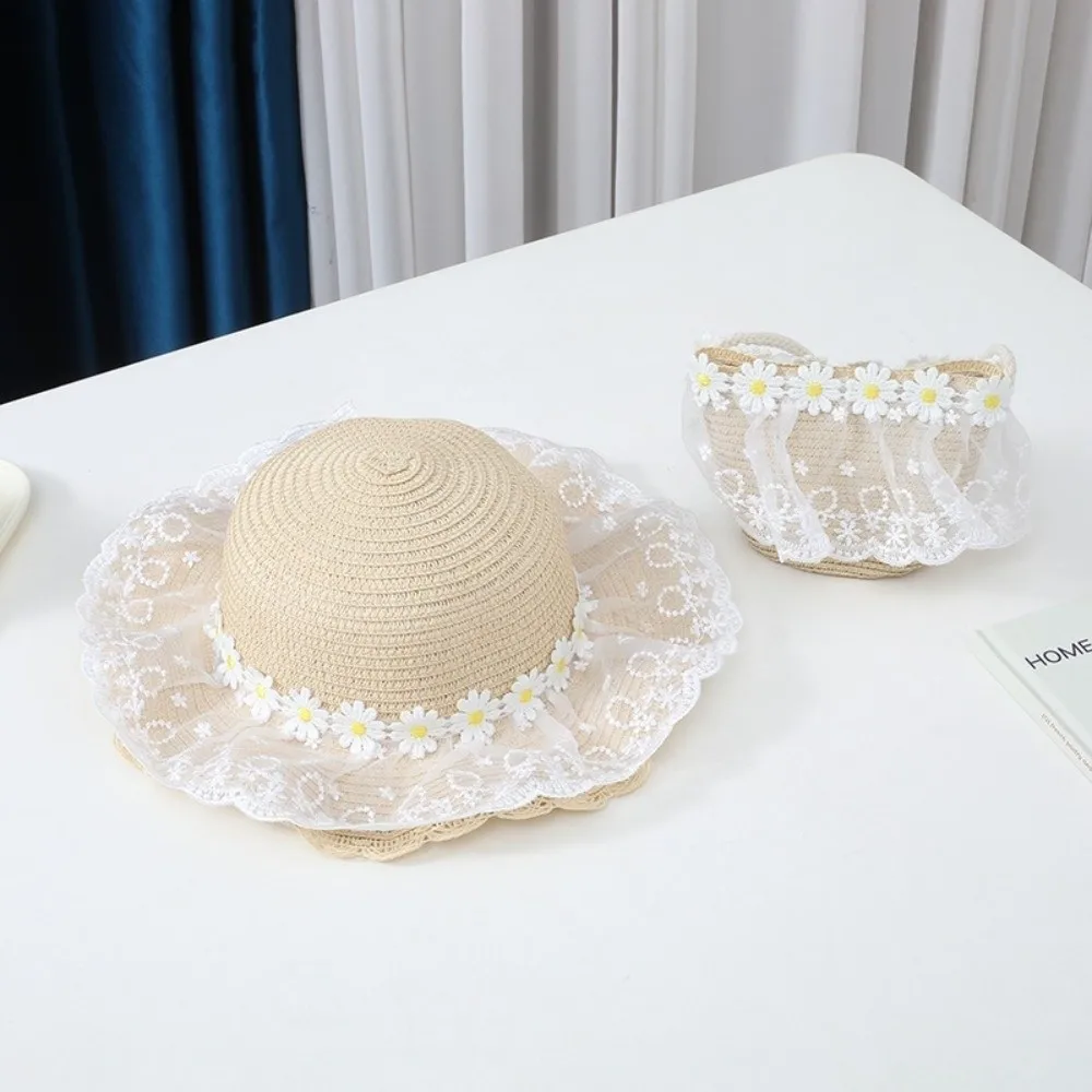 Sombrero de paja infantil ala ancha con protección solar y margaritas
