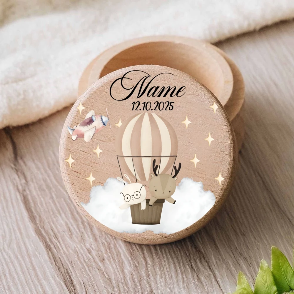 Caja de dientes de bebé de madera con animales y nombre