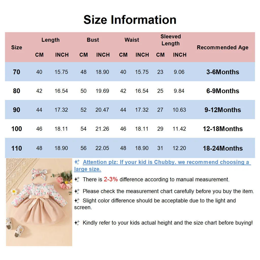 Vestido floral manga larga con diadema para bebé niña