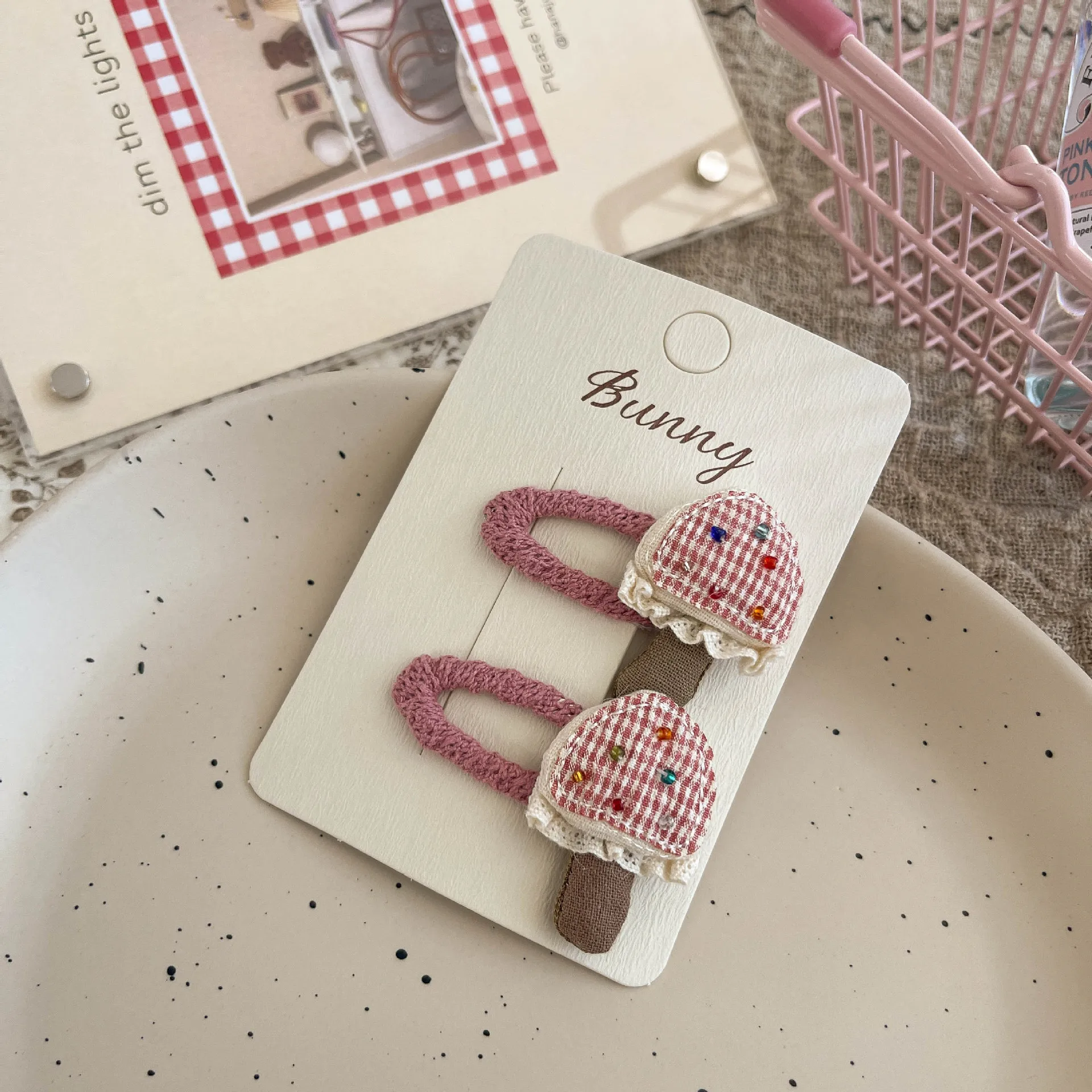 Pinza para el pelo niña encaje a cuadros con diseño de hongo