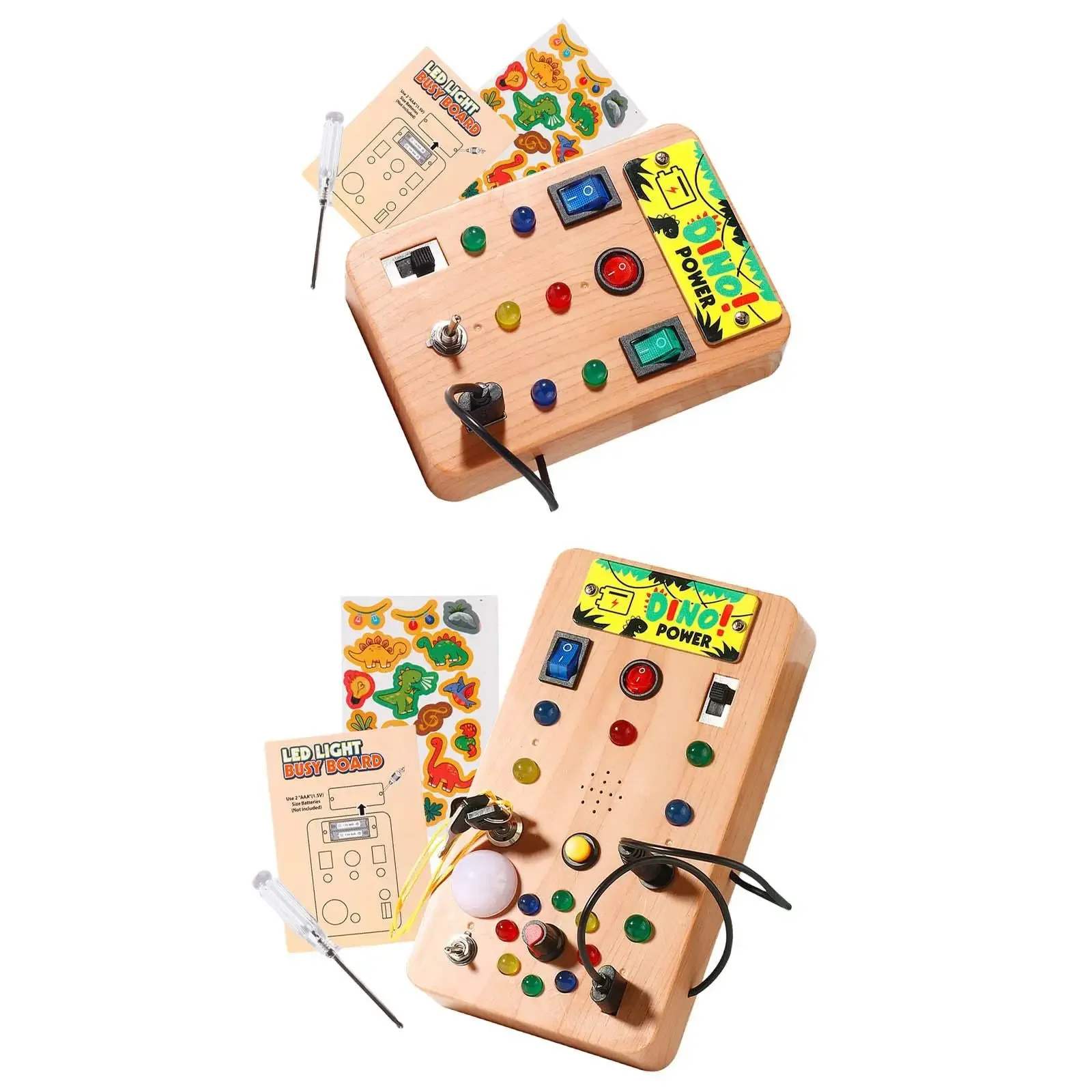 Vista frontal del tablero ocupado Montessori con luces LED e interruptores
