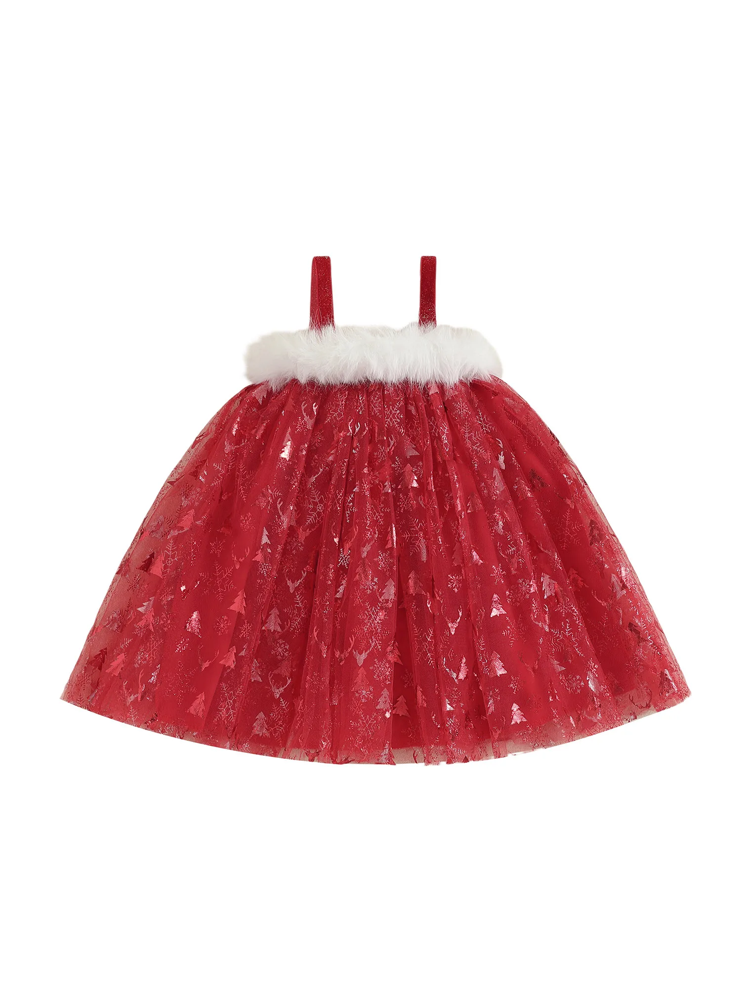 Detalle del estampado navideño de árbol y copo de nieve en colores rojo y verde
