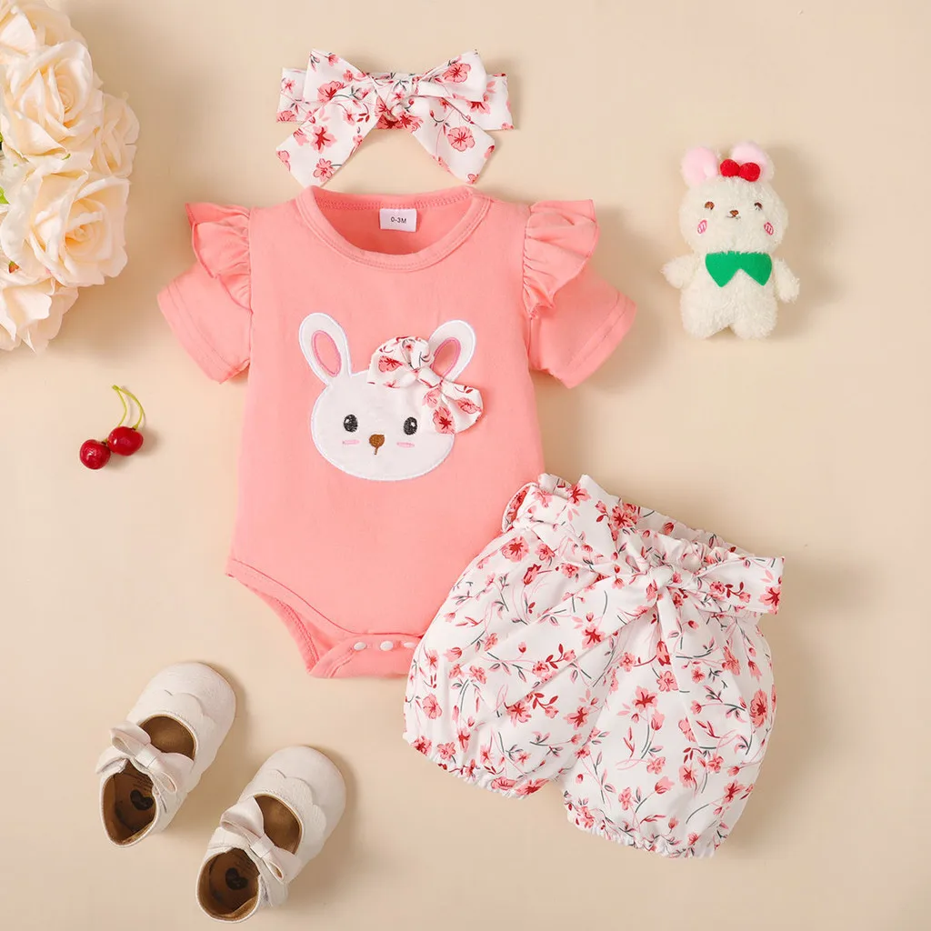 Traje conejo bebé niña con volantes y shorts floreales–Verano 0-18m - imagen 2
