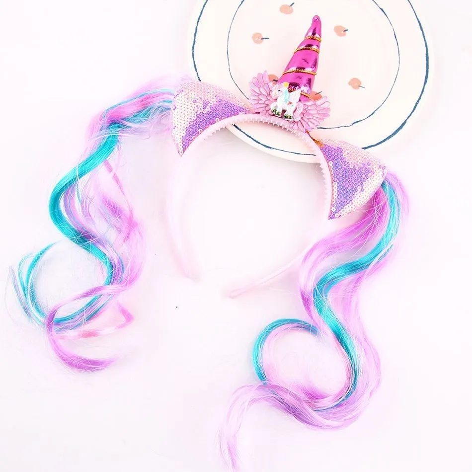 Peluca unicornio infantil con lentejuelas para fiesta de cumpleaños - imagen 2