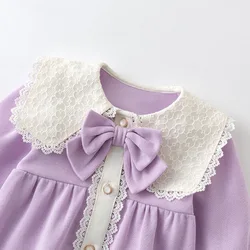 Mameluco coreano de algodón para bebé niña – Manga larga con lazo y gorro