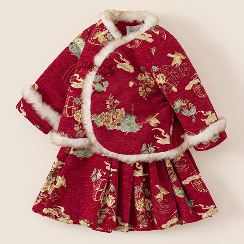 Conjunto invierno niña estilo chino con flores bordadas y forro polar - imagen 5