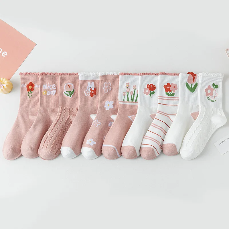 Calcetines de algodón suave para niñas con flores rosadas - imagen 5