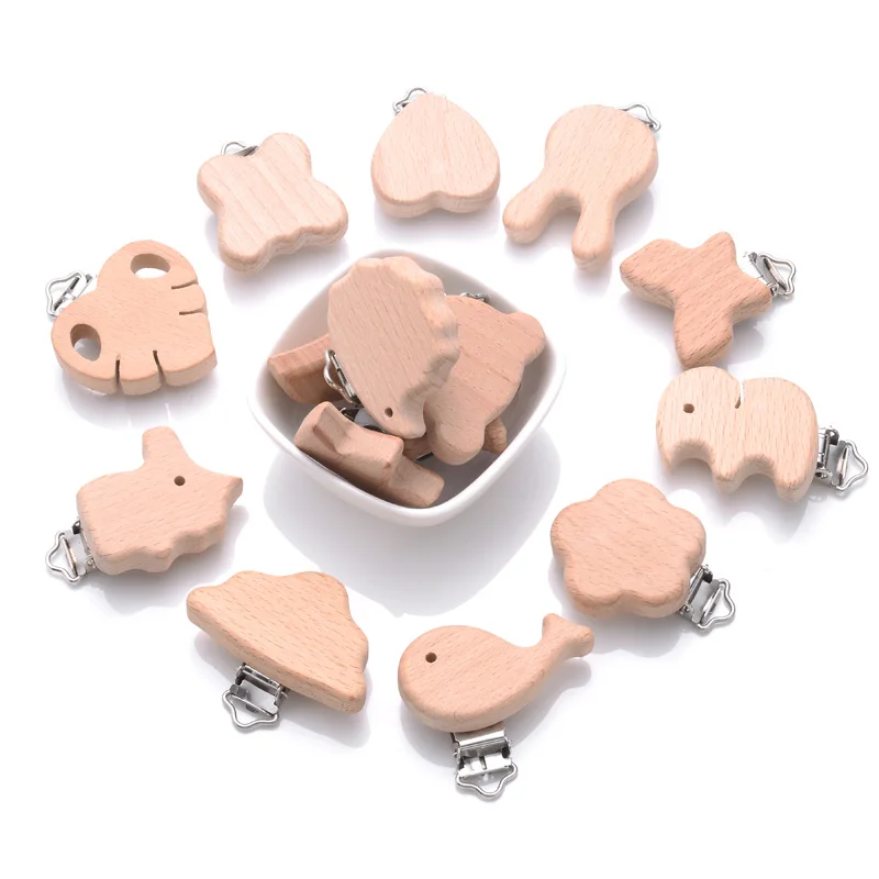 Cadena de chupete de madera con diseño animal – Clip anticaída para bebé