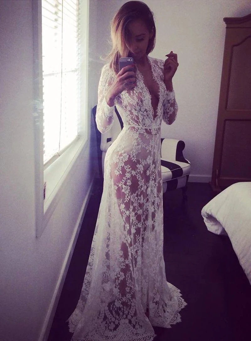 Vestido de maternidad con escote en V y manga larga de encaje - imagen 2