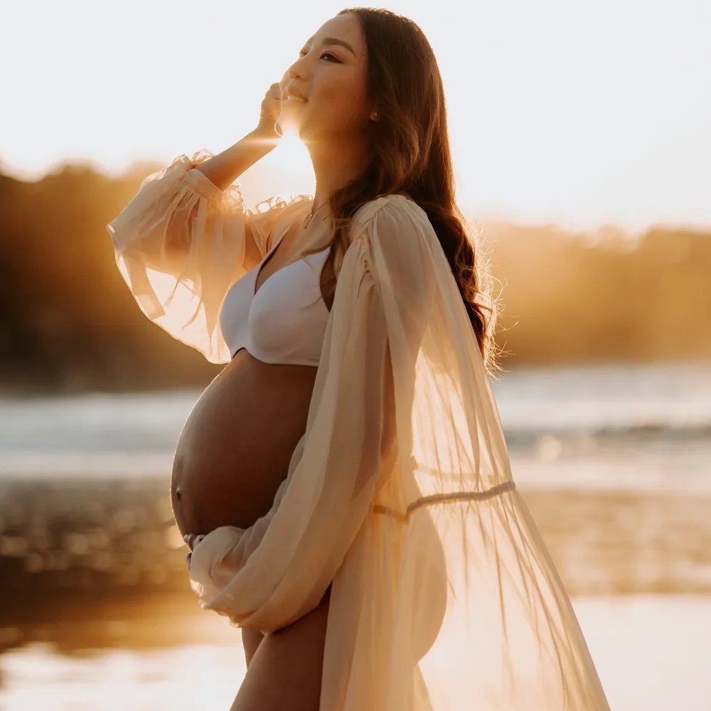 Vestido premamá para sesión de fotos con gasa transparente sexy