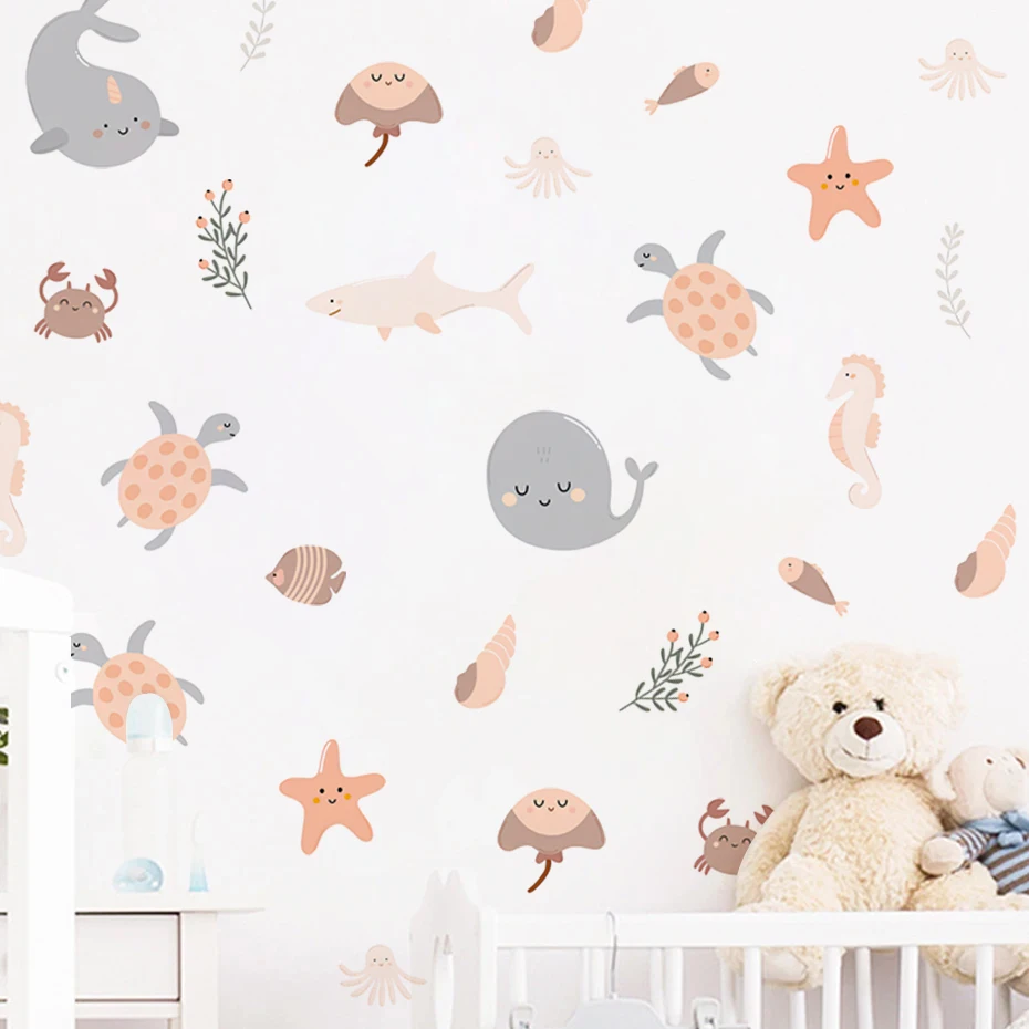 Pegatinas de pared infantiles marinas bohemias con delfines y ballenas - imagen 2