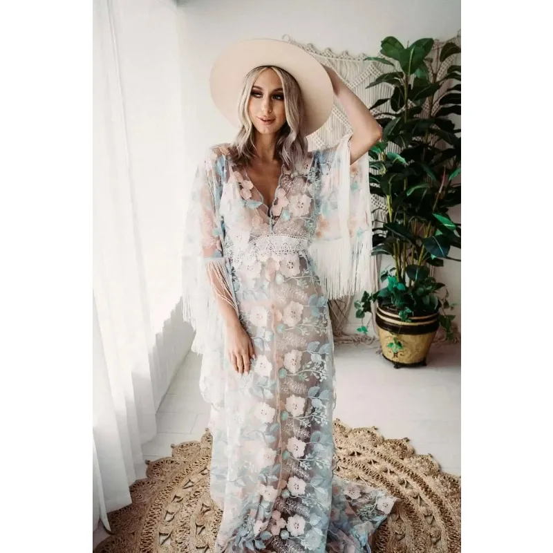 Vestido de maternidad boho largo de encaje bordado para fotos - imagen 5