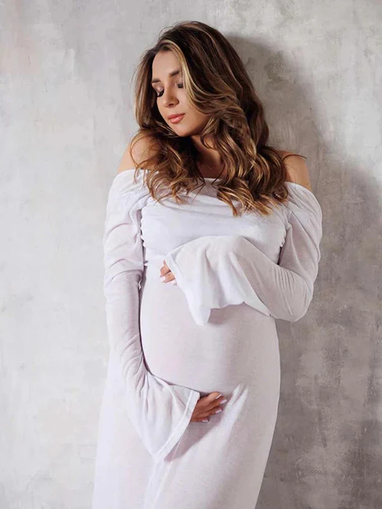 Vestido de maternidad blanco manga larga para sesión fotográfica