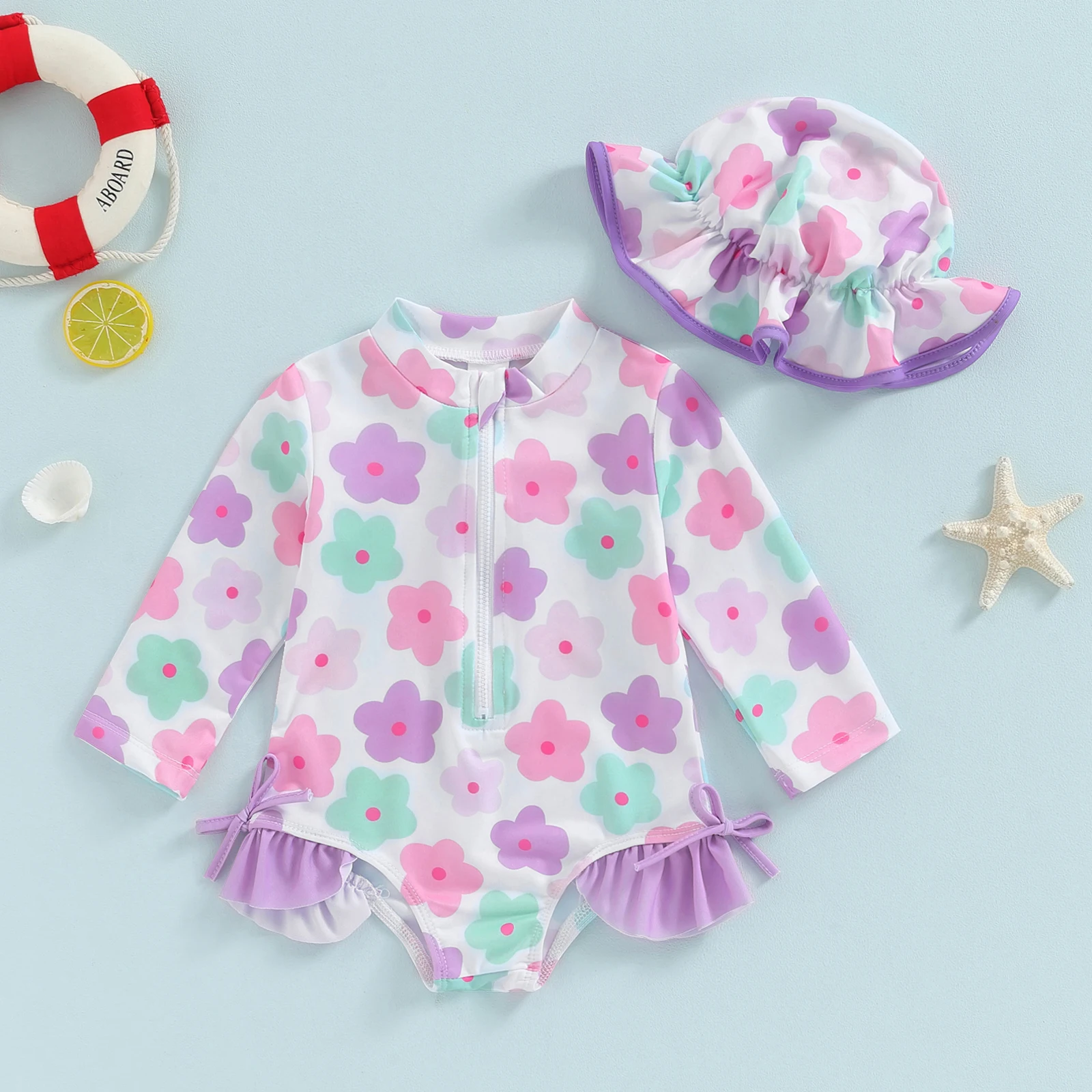 Bañador Tregren manga larga con estampado floral y gorrito para niña - imagen 2