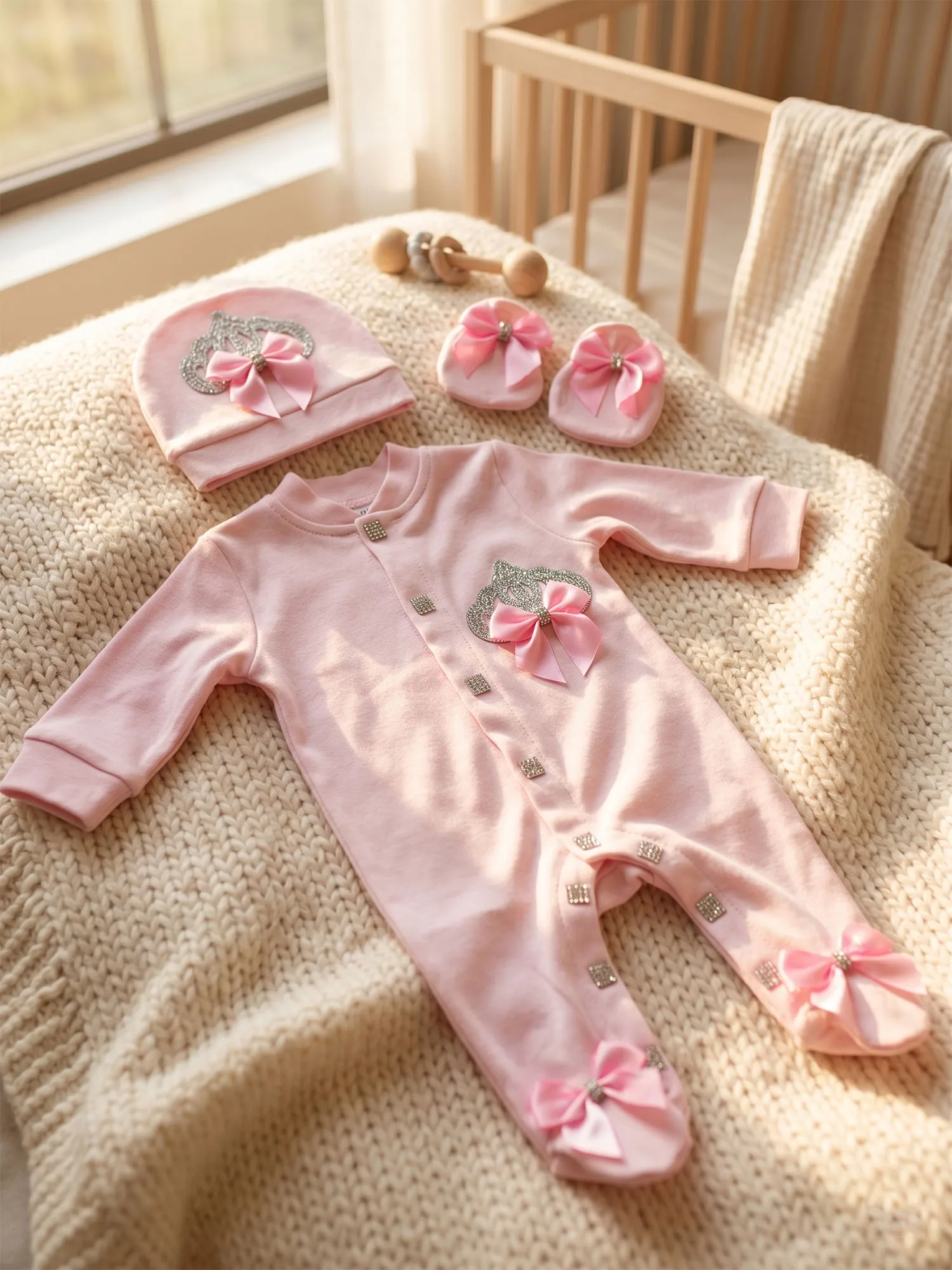 Conjunto bebé recién nacido de lujo con pelele, gorro y manoplas