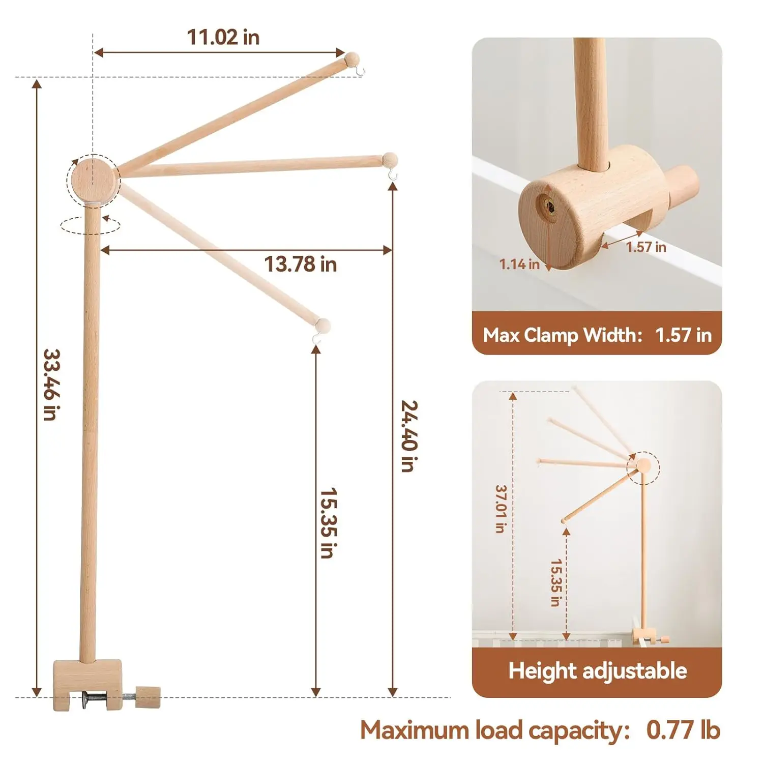 Soporte para móvil de cuna giratorio en madera con brazo articulado - imagen 4
