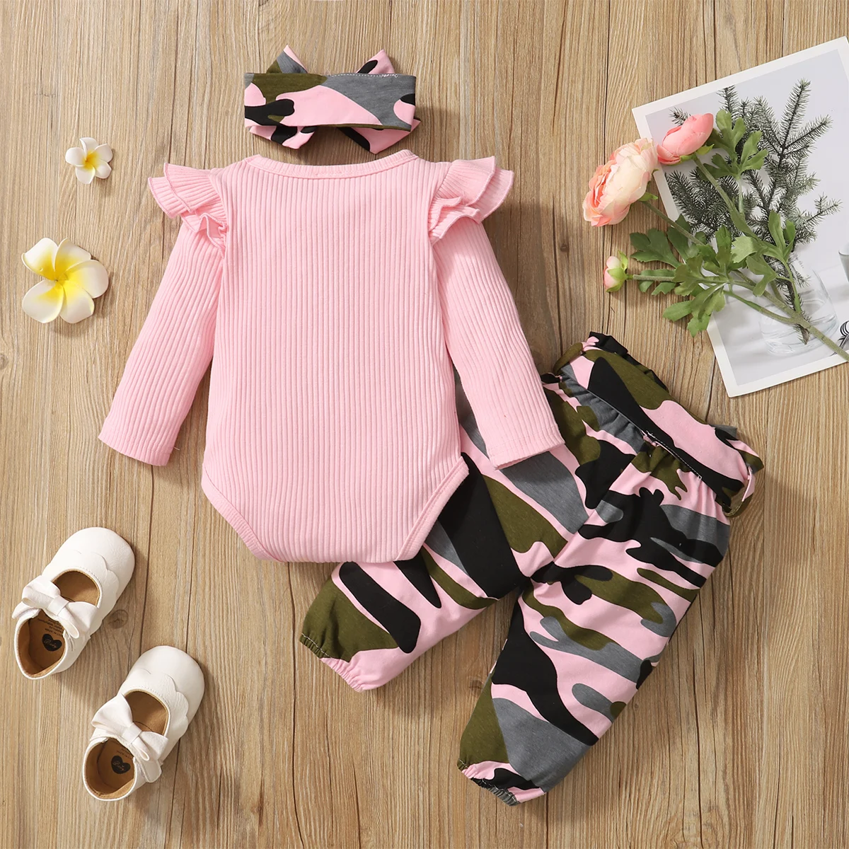 Conjunto camuflaje bebé niña: mono, pantalón y diadema de algodón - imagen 3
