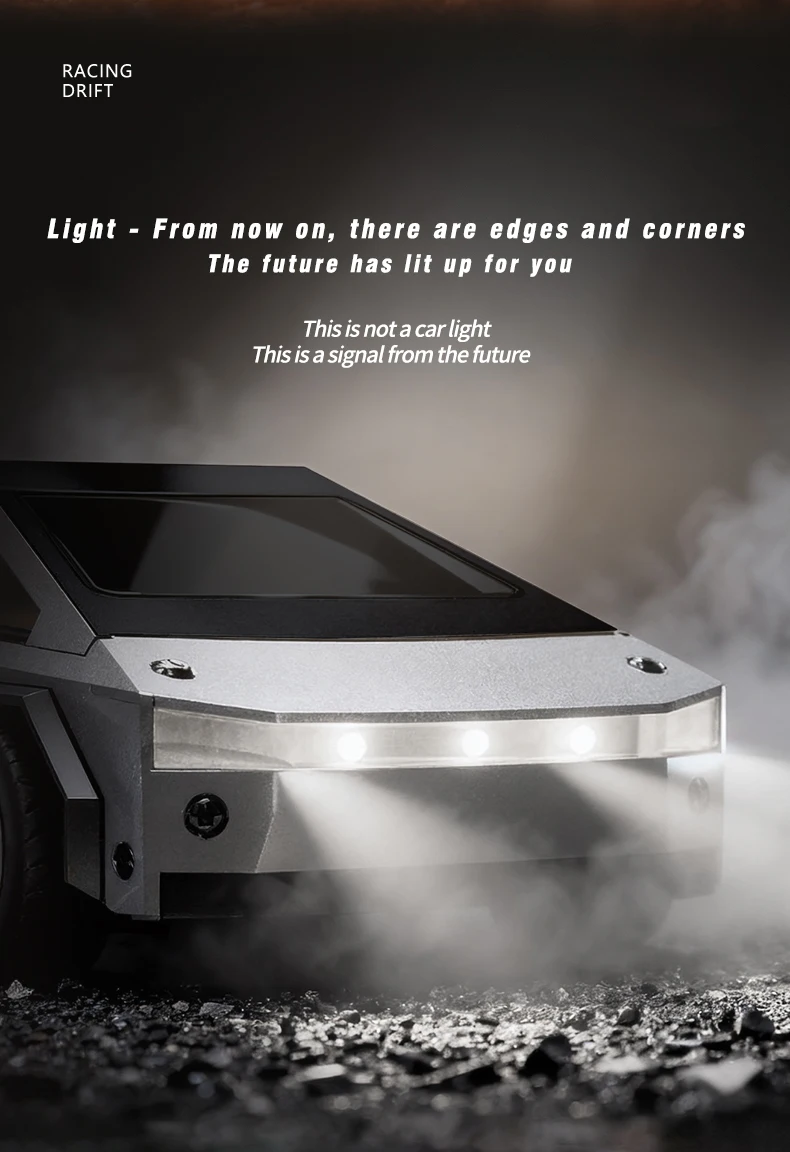 Coche RC con las luces encendidas, ideal para carreras nocturnas