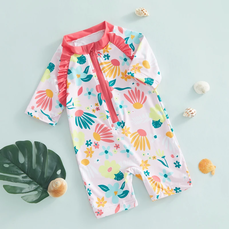 Bañador antirrozaduras niña manga corta floral con volante veraniego - imagen 2