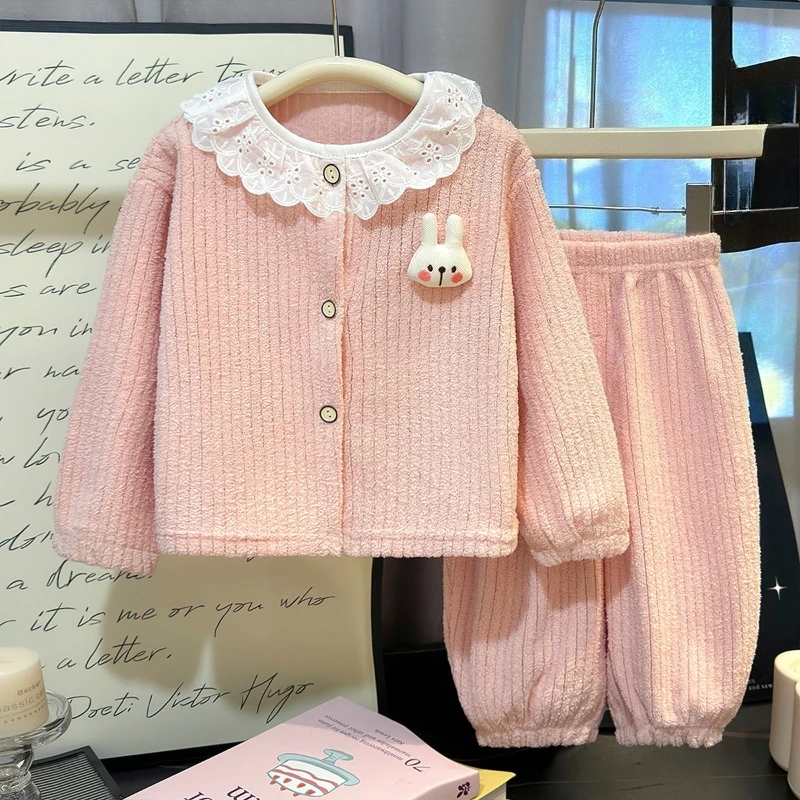 Conjunto de pijama de franela para niñas de invierno conejito