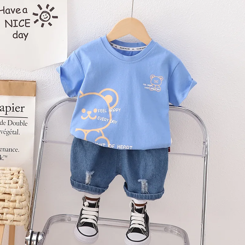 Conjunto de algodón infantil de oso de dibujos animados para verano - imagen 2