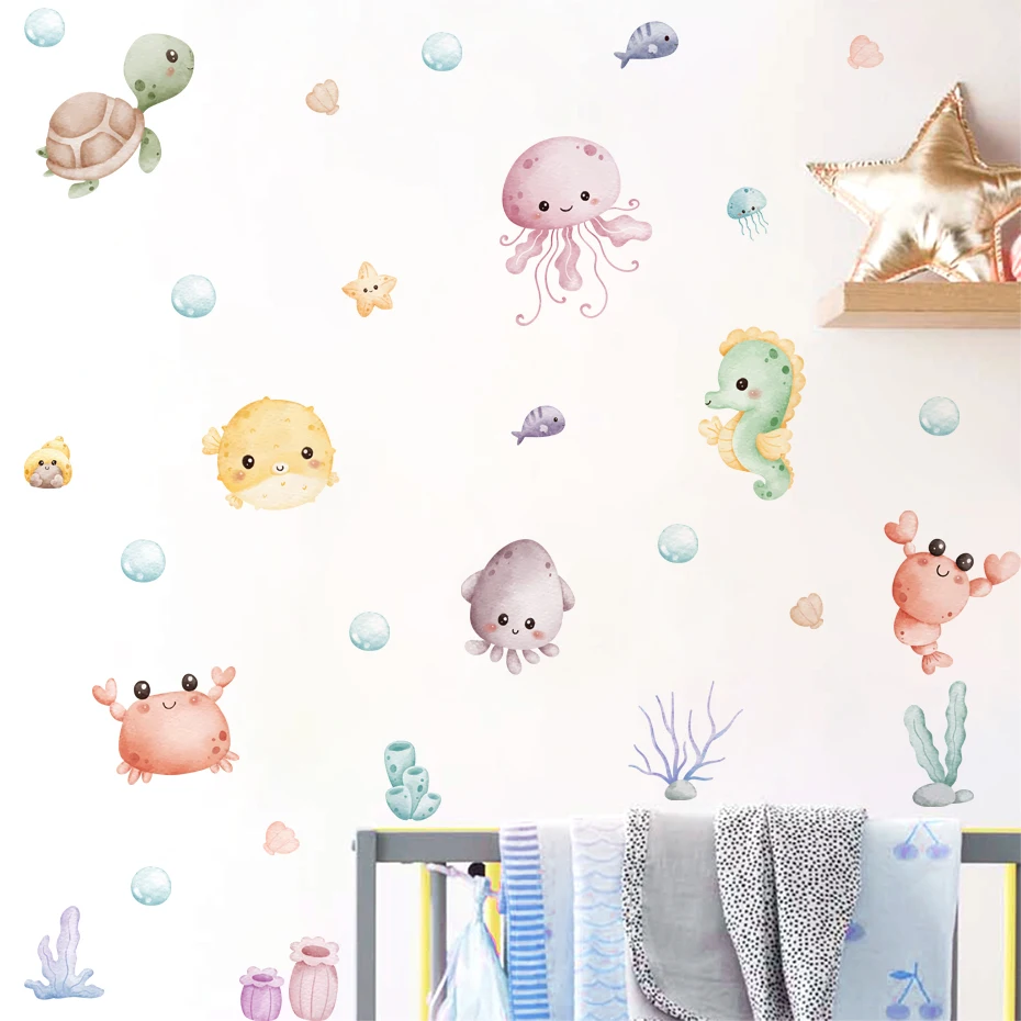 Vinilo pared infantil de sirena y animales marinos estilo acuarela