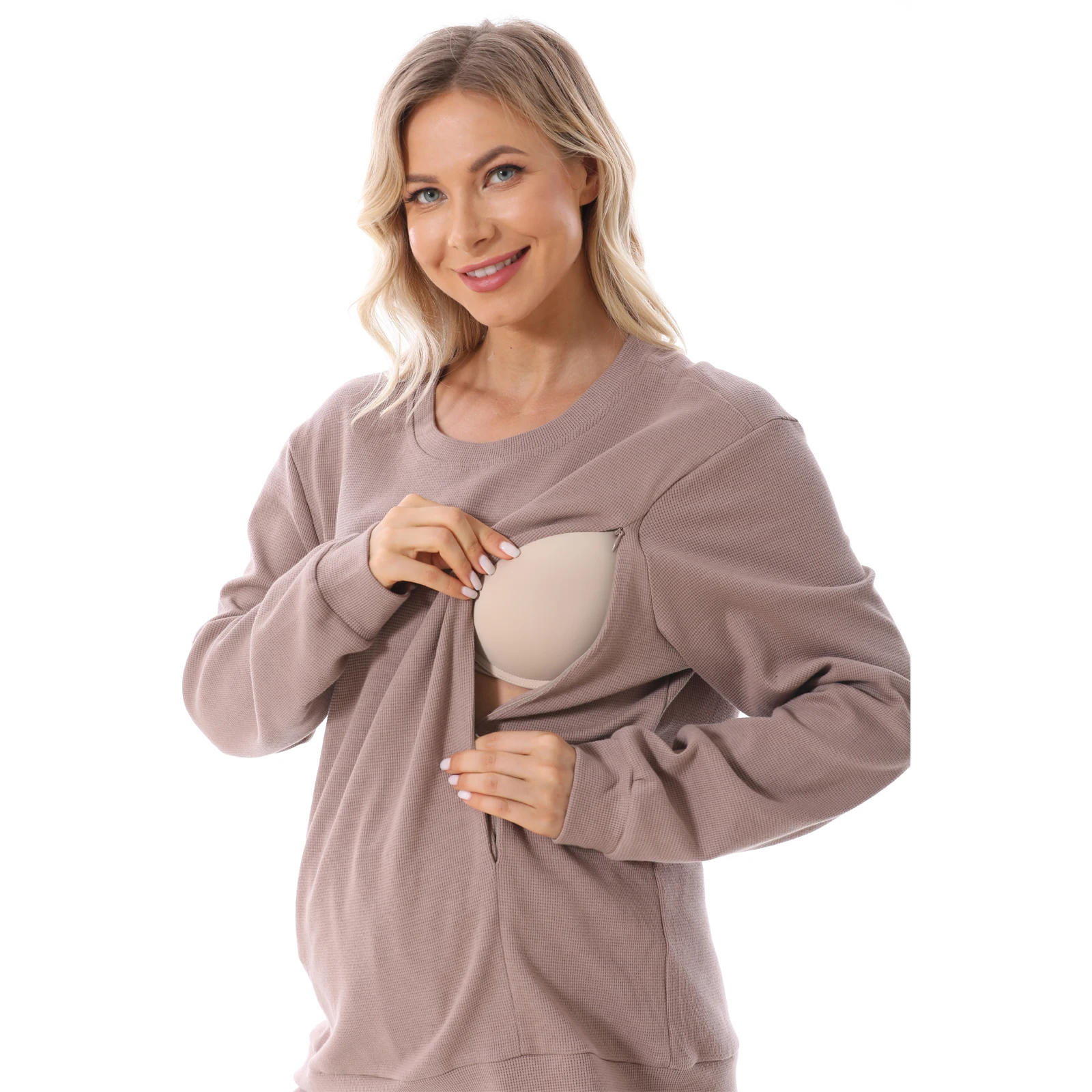 Sudadera de lactancia con capucha tejido waffle para embarazo - imagen 4