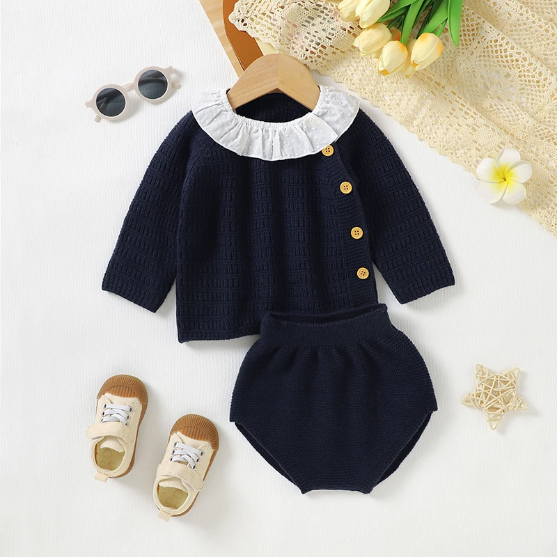 Conjunto de invierno para niña de punto cálido, manga larga completo