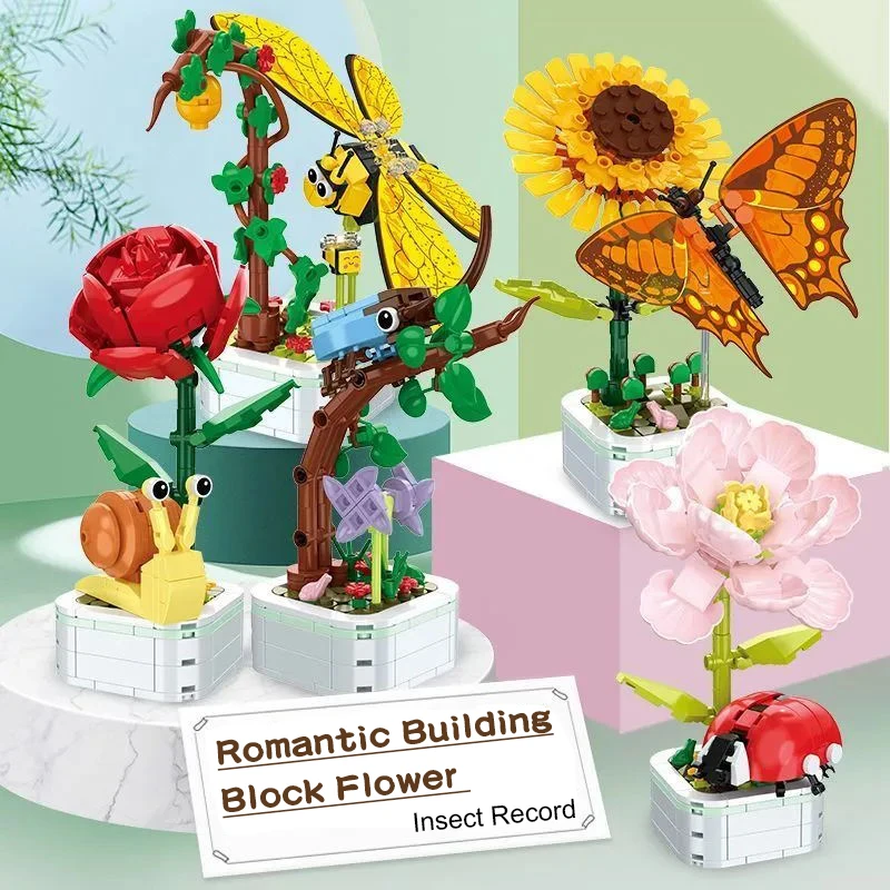 Juguete educativo de bloques rosas: mariposa en maceta para niños - imagen 2