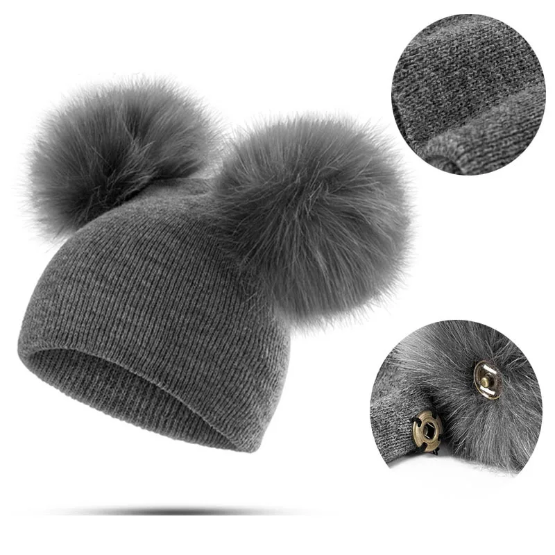 Gorro de invierno tejido con bola de piel para bebé niño y niña - imagen 2