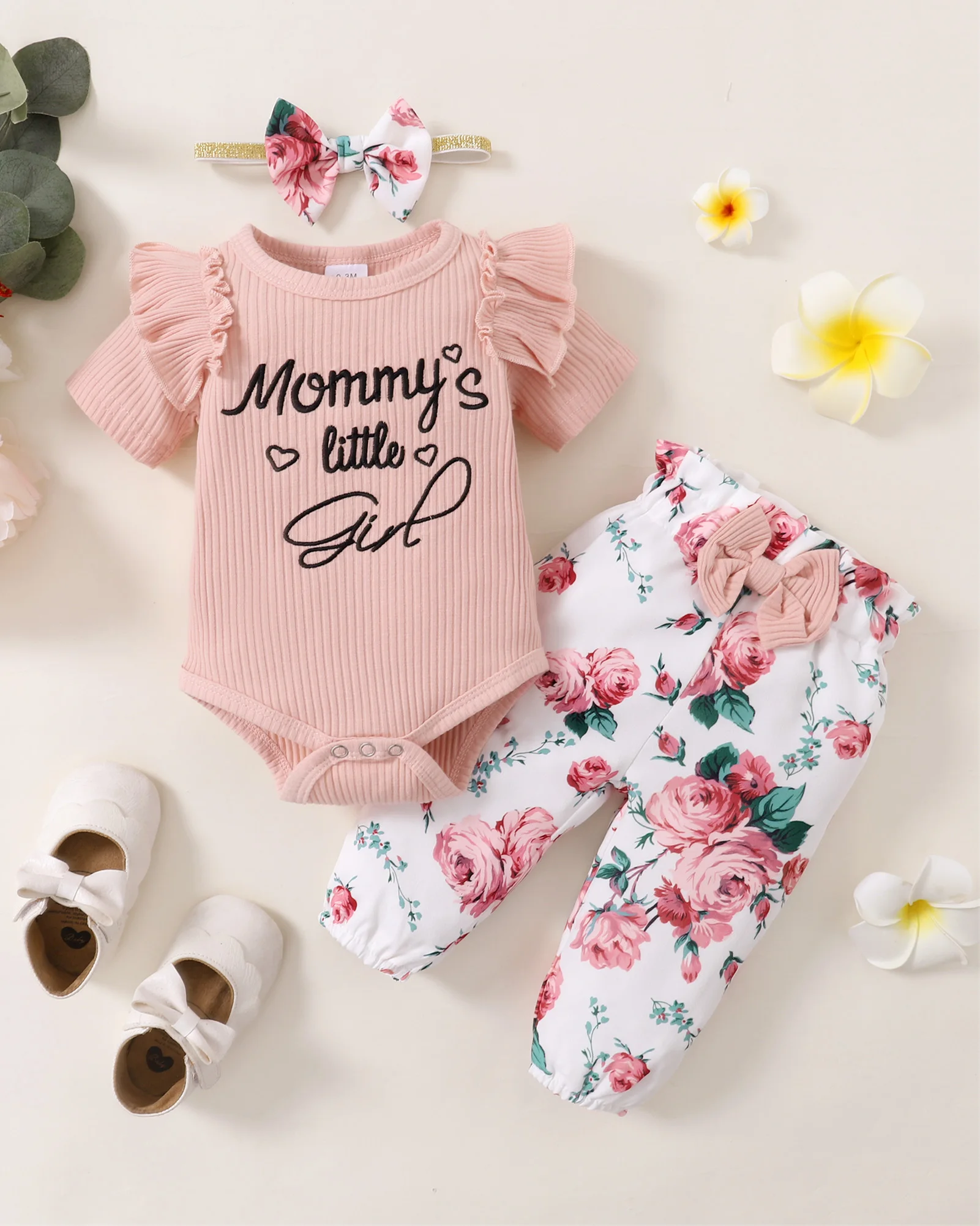 Conjunto pelele y diadema floral para niña