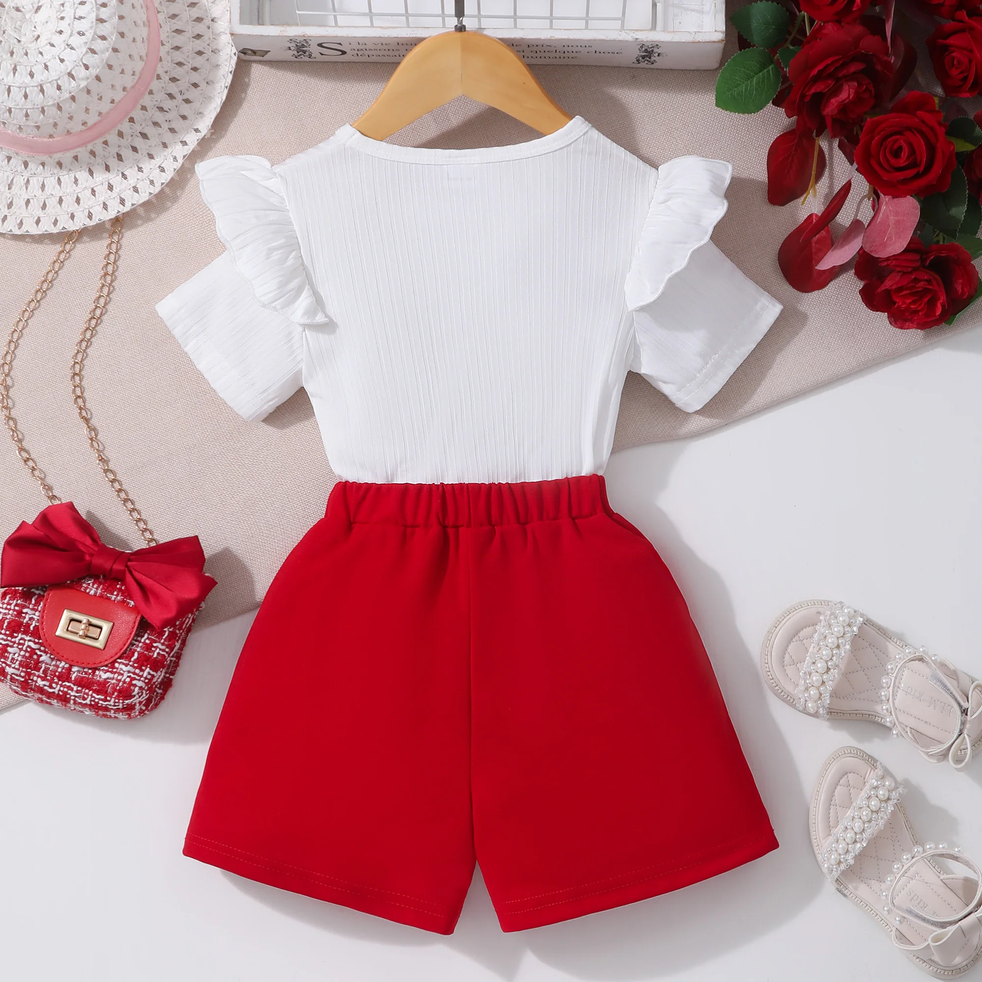 Conjunto de verano para niña con chaleco y pantalón corto rojo - imagen 5