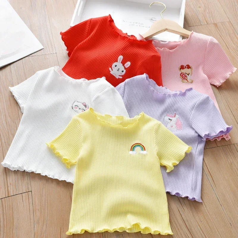 Camiseta manga corta bordada para niñas con volante suave verano