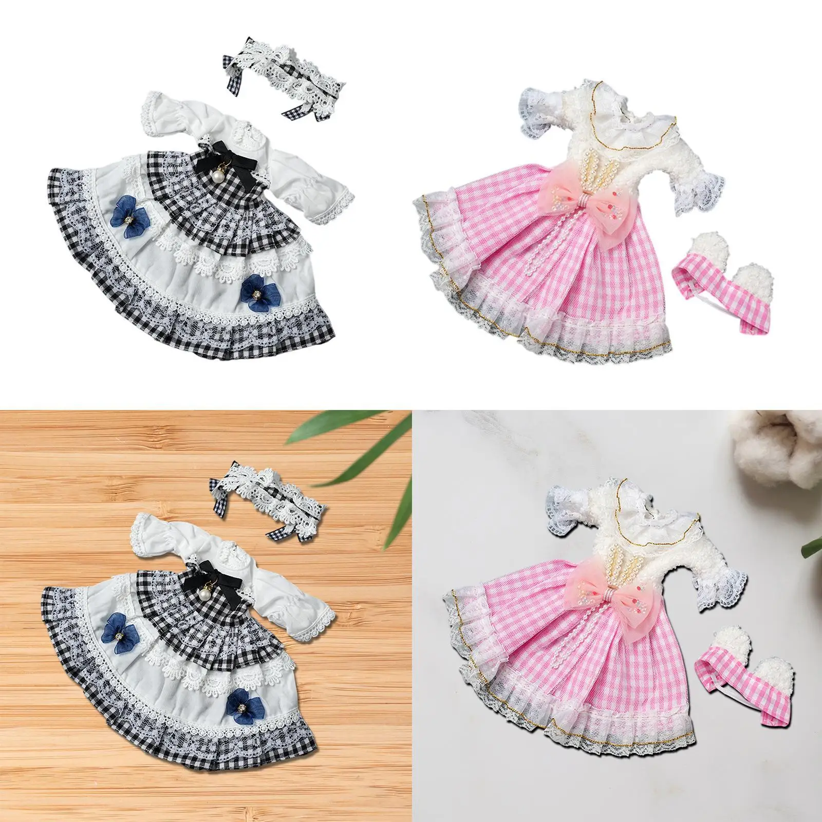 Conjunto de vestido a cuadros para muñeca con diadema - imagen 2