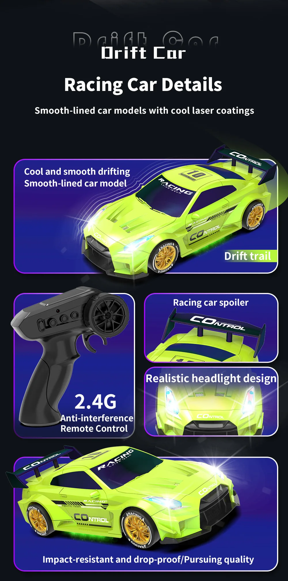 Vista lateral del JJRC RC Car mostrando su carrocería con pintura UV brillante