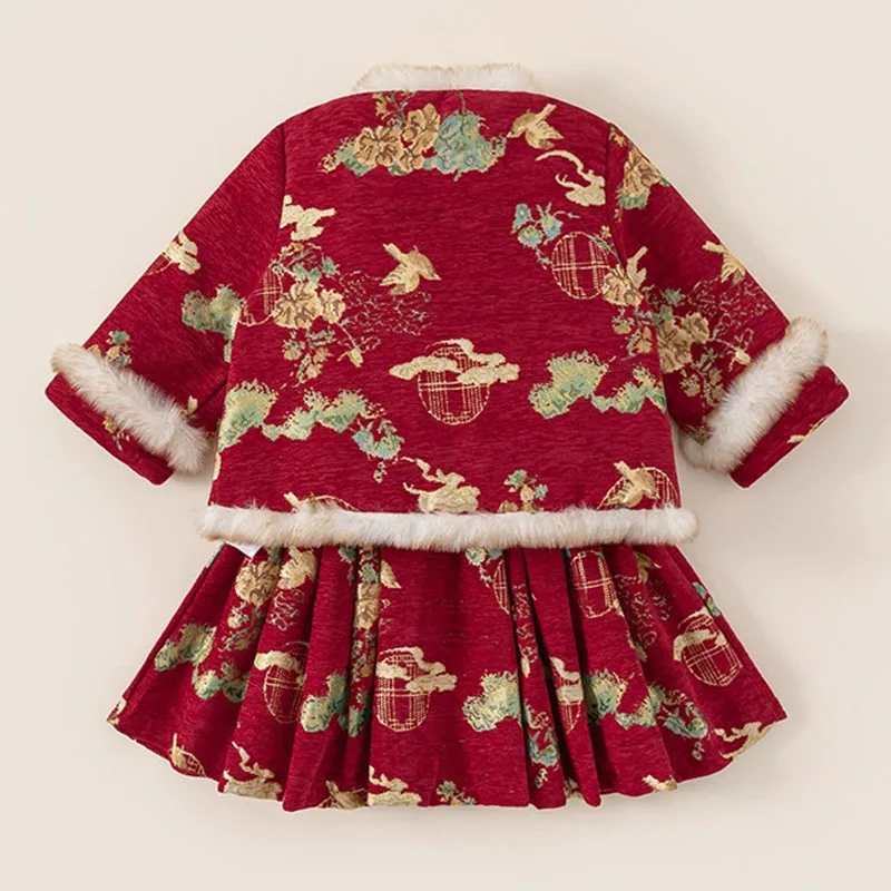 Conjunto invierno niña estilo chino con flores bordadas y forro polar - imagen 2