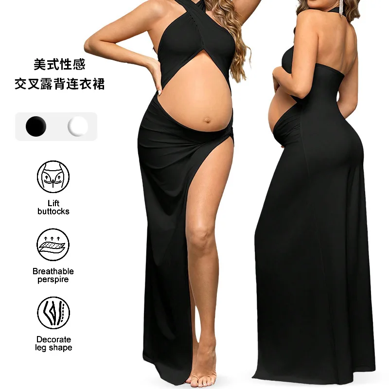 Vestido premamá fino liso con cuello cruzado y corte ajustado - imagen 3