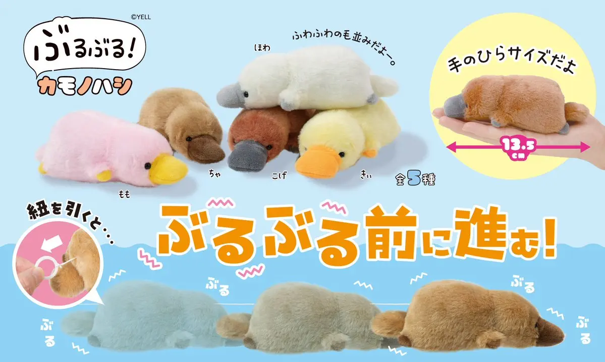 Ornitorrinco de peluche mostrando su movimiento al tirar de la cuerda