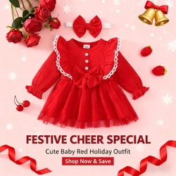 Vestido navideño rojo con encaje blanco y manga larga para niña