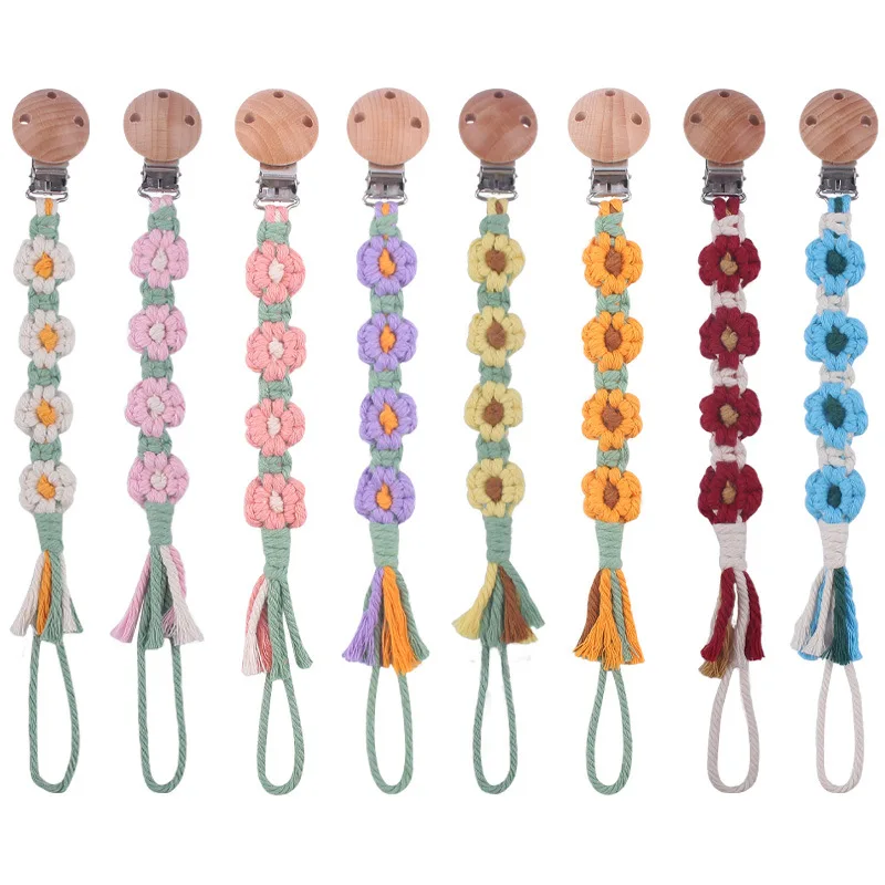 Clip para chupete de tela con flores tejidas a mano, cadena decorativa - imagen 4